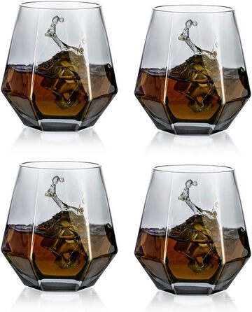 Diamond Whisky Glasses 4-Piece Set, Tilted Scotch Glasses, 300 Ml, Modern Look for Men, Women, Dad, Husband, Friends, Glassware for Bourbon/Rum/Bar Tumbler, Smoke Grey 4