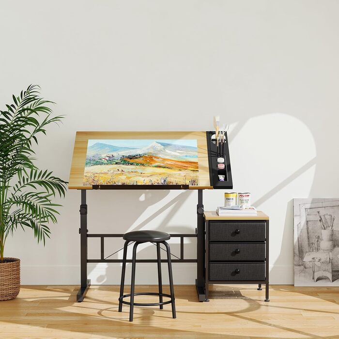 Adjustable Drafting Table with Tilt - 0-60° - Includes Stool & Storage - Wood Finish for Home & Office