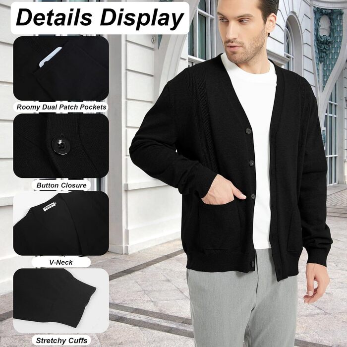 Чоловічий кардиган з в'язаного полотна, чорний, XL. Зручний чоловічий пуловер з V-подібним вирізом, довгі рукави, з кнопками та кишенями. Ідеальний для зими.