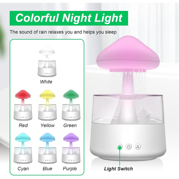 Увлажнитель воздуха Rain-Cloud, 450 мл, 7 цветов, LED-лампа, диффузор аромату, нано-туман, гриб для дитячої кімнати, спальні, дому, офісу (білий)