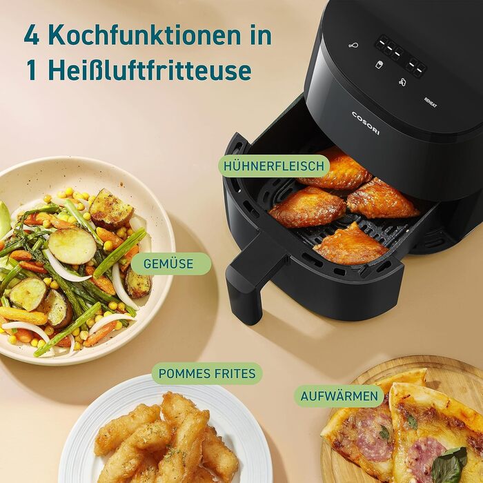 COSORI Air Fryer Small, 4-in-1 Mini Air Fryer 2L, fast and easy cooking with 48dB, 30 recipes, 97% less fat, energy-saving, dishwasher-safe, 1-2 people Dark Black Mini