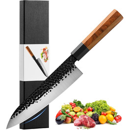 Японський кухонний ніж Gyuto 21 см, професійний, ручної роботи, з високоякісної сталі AUS-8, з дерев'яним руків'ям з палісандру, подарункова коробка