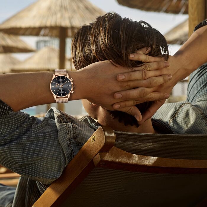 Чоловічий годинник на браслеті Mesh, кварц, аналоговий, чорний, з нержавіючої сталі, водонепроникний, хронограф, автоматична дата, Rose-gold (Рожеве золото)