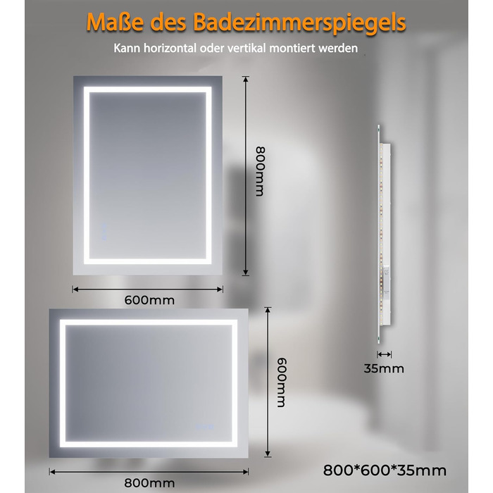Дзеркало для ванної кімнати SVNR з підсвічуванням, 40x60 см, LED, алюмінієва рама, захисне скло, IP44, сенсорне керування