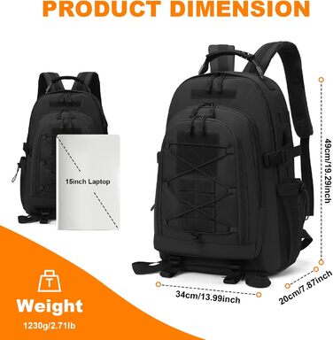 Тактичний рюкзак Molle 35/40 л, водонепроникний, для мотоциклістів, туризму, школи, з USB-портом, чорний