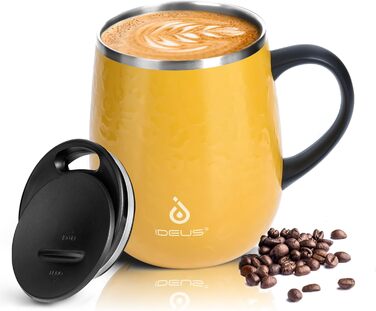 Кружка для кави та чаю Ideus 470 мл з подвійними стінками, з нержавіючої сталі, з нековзким ручним тримачем та кришкою-ковзаючою панеллю, великий об'єм (Трав'яний зелений) (Леопардовий жовтий)