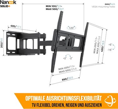 Настінний кронштейн для ТБ Nanook SOLID+ поворотний та нахильний, для телевізорів 40-77 дюймів, VESA 600x400, навантаження до 45 кг, універсальний