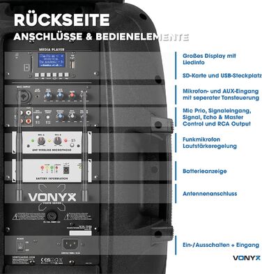 Vonyx Verve46 - портативна акустична система для вечірок, Bluetooth, 1000W, 2 мікрофони UHF, MP3, з пультом ДУ, чорний