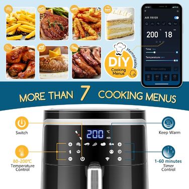 Aigostar Cube Smart WiFi - Hot Air Fryer 7L XXL, 1900W Airfryer with APP Control, Hot Air Fryer with 7 Cooking Functions, Touchscreen, Timer Function, 20 Recipe PDF, Oil-Free, DIY Menu.