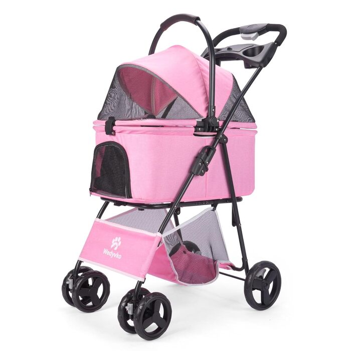 Візок для собак та дітей, складаний, рожевий. Pet Stroller з сітчастими віконцями та кошиком для зберігання. Підходить для маленьких та середніх собак.