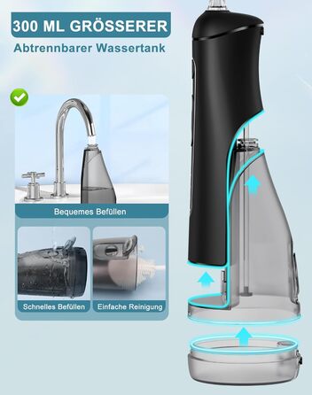 Бездротова іригатор для порожнини рота Munddusche з 5 режимами, 8 рівнями інтенсивності та 3 насадками, об'єм резервуару 300 мл, водонепроникний (IPX7), ідеально для подорожей