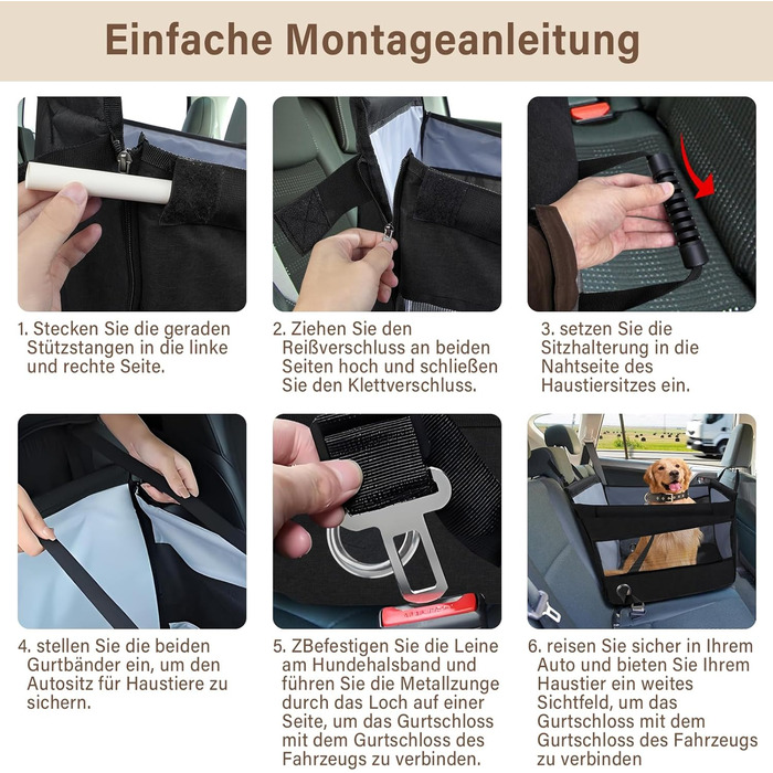 Автокрісло для собак - водовідштовхувальне автокрісло для маленьких та середніх собак з сітчастим вікном та ременем безпеки - складаний кошик для собак в авто для будь-якого розміру (Чорний)