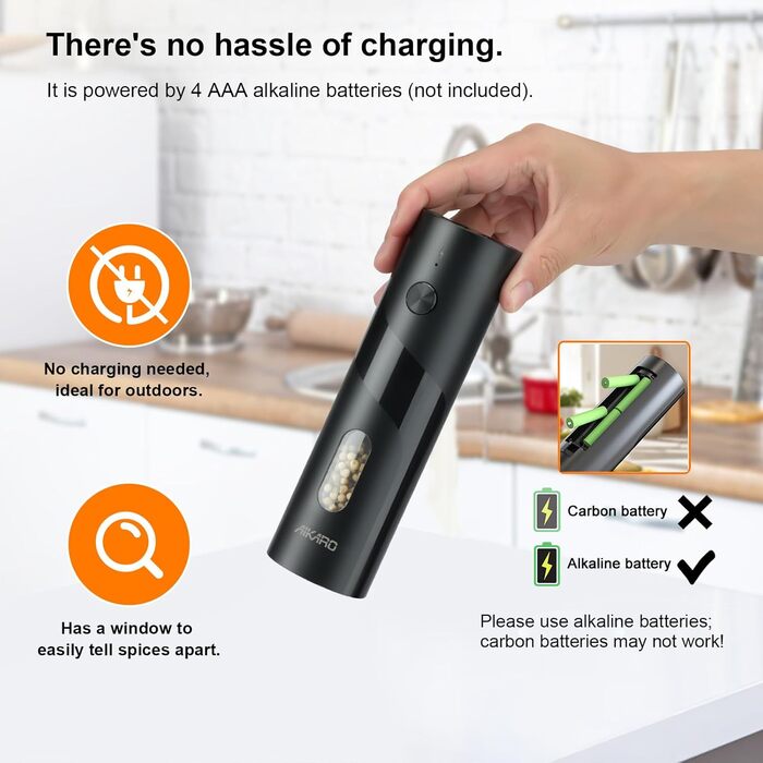 Електрична мельниця для солі та перцю AikarO - автоматична, працює від батарейок