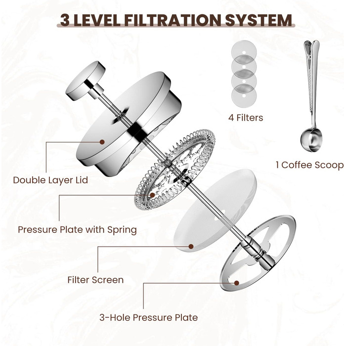 Velaze French Press Stainless Steel Coffee Maker, 350ML Coffee Maker for 2-3 Cups, Double-Walled French Coffee Press, Elegant Design, Coffee Pot with 5 Stainless Steel Filters and 1 Spoon