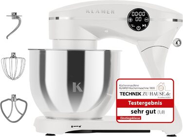 KLAMER 1800W Stand Mixer - Stainless Steel Bowl 6L, 10 Speed Settings, Timer, Planetary Mixing, Dough Hook, Whisk & Beater - White