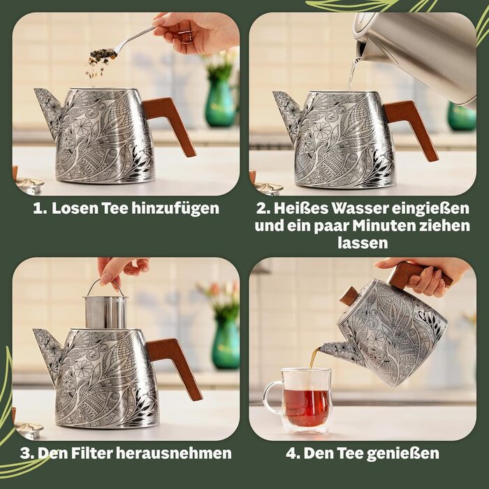 Термочайник YC Yang Chai з подвійними стінками та ситом із нержавіючої сталі 304, 1.1 л, з ручками з дуба для листового чаю