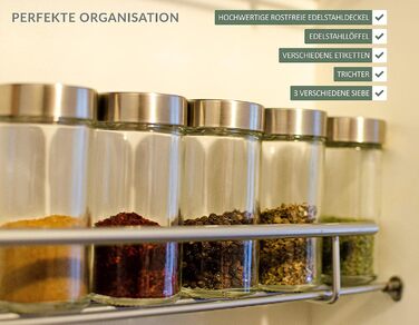Kesign 20-Piece Spice Jar Set - with high-quality stainless steel lids - round spice containers incl. labels, shaker insert, funnel, and stainless steel spoon for spices - Perfect storage for the kitchen