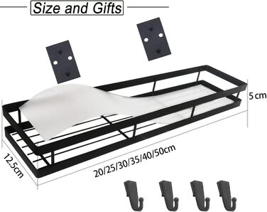 Полиця для спецій настінна, чорна – кухонний органайзер з 4 гачками, кріплення на клей або шурупи (20 см)