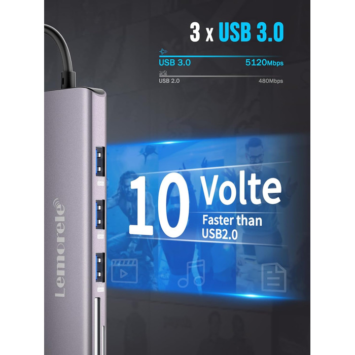 Док-станція Lemorele Upgrade 2025: USB-C/A, 10Gbps, 3 монітори, 14 в 1, HDMI 4K, Ethernet, USB 3.2/2.0, VGA, Type-C 3.1, PD 100W, Audio, SD/TF, для Windows, MacBook (фіолетовий)