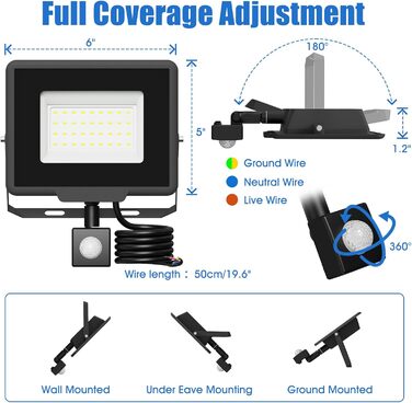 LED Floodlight Outdoor, IP65 Waterproof Outdoor Light LED Floodlight 30000LM Spotlight Floodlight, Outdoor Light for Backyard, Garden, Workshop, Yard, Driveway, Doors, Garage, Hallway (Cool White with Sensor, 30W)