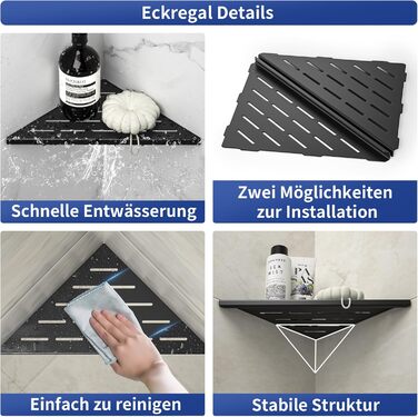 Bernkot Corner Shower Shelf 254mm Matte Black, 304 Stainless Steel, Recessed Corner Shelf Bathroom Shower Shelf for Tiled Wall, No Drilling, 2-Pack