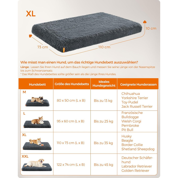 Feandrea Dog Bed, Orthopedic Dog Cushion, padded with egg foam, removable and washable cover, size M, for small and medium dogs, 80 x 50 x 8 cm, PGW211G02 (L 110 x W 73 x H 10 cm, Dark Grey)