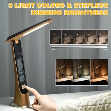 Bokefo Світлодіодна настільна лампа з акумулятором 1800 mAh, 3 кольори, регулювання яскравості, годинник, сенсорне управління, складна та портативна. Підходить для офісу, навчання, читання. Без адаптера