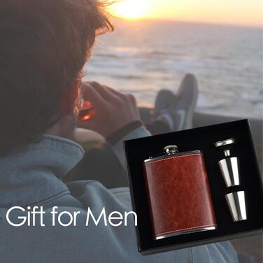 Фляга шкіряна 8oz Braun для чоловіків та жінок, комплект з воронкою та 2 склянками, шкіряний чохол, для віскі/водки, ідеально для подорожей та подарунків