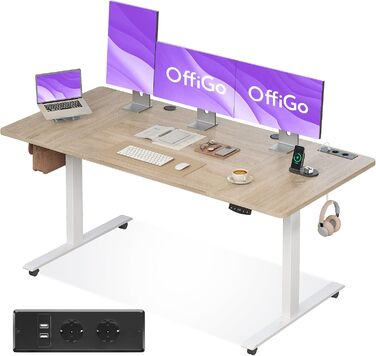OffiGo Electric Standing Desk with USB Ports - Height Adjustable Desk, Memory Function, 160x70cm - White