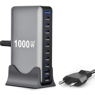 Зарядний пристрій USB-C GaN III 1000W 10-в-1 PD140W/100W QC20W для MacBook, iPad, iPhone, HP, Samsung Galaxy та ін.