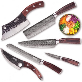 Набір кухонних ножів JIKKO® з японської сталі AUS-6 – повний набір кухонних ножів преміум-класу з ручками з махагоні та горіха – високоякісні кухонні ножі