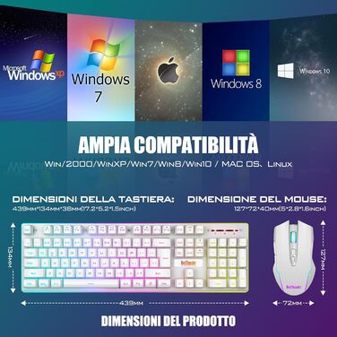 RedThunder K10 Бездротова ігрова клавіатура та миша, LED-підсвічування, акумулятор 3800 mAh, механічний відгук, Anti-Ghosting, миша 7D 3200 DPI, QWERTY-розкладка, для ПК-геймерів (Білий бездротовий)