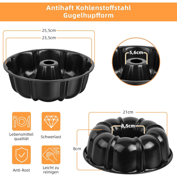 Форма для кексів Onader, карбонова сталь з антипригарним покриттям, 25,5 см, кругла, для випікання кексів, хліба, здоби, легко миється (чорна)