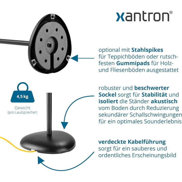 Підставка для колонок Xantron® ECO-SS05: регульована висота до 103 см, з антиковзким покриттям та прихованою прокладкою кабелю, комплект з кріпленням