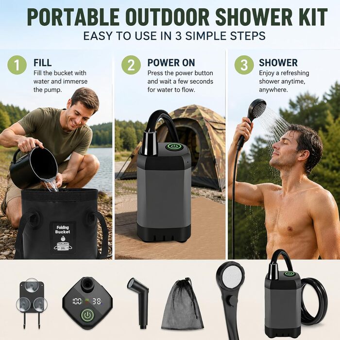 Camping Dusche 2026: Портативний душ для кемпінгу з акумулятором, 6000mAh, 3 режими, 5 галонів, складаний водостік для подорожей та походів