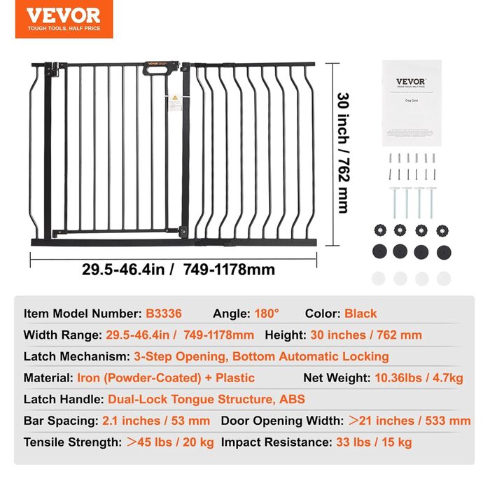 Захист для дітей та домашніх тварин VEVOR: регульовані ворота-загородження для безпеки на сходах та дверях (750-), чорного кольору, ширина 29.5-46.4 дюйми, висота 30 дюймів