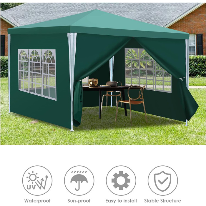 Garden Pavilion - Garden Gazebo with 6 Side Walls and Windows, Stable, UV Protection, Waterproof, Party Pavilion, Folding Garden Tent, Party Tent, for Outdoors, Garden, Party, Wedding (3x3m, Green)