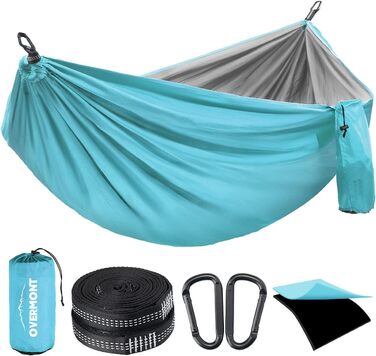 Гамак Overmont двошаровий, сертифікований TÜV, 400 кг, 280 x 185 см, нейлон, для кемпінгу та відпочинку на природі (блакитний, світло-сірий)