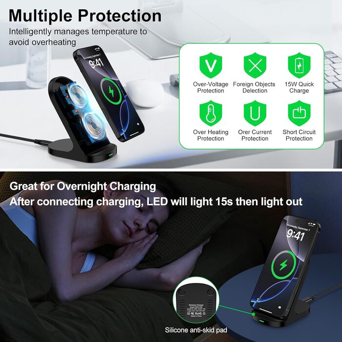 Бездротовий зарядний пристрій 15W Stand для Samsung Galaxy S25/S24/S23/S22/S21 FE та iPhone 16/15/14, Google Pixel 9/8/7/6 (Білий/Чорний)