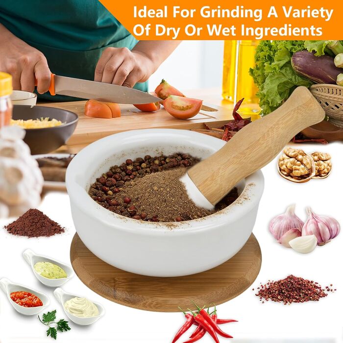Ступка керамічна з товкачиком на бамбуковій підставці 12 см для спецій та трав - Млинок для перцю, ванілі, морської солі