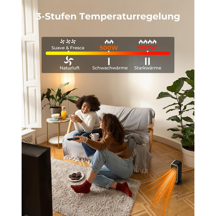 Електричний обігрівач 2000W з енергозбереженням, тихий, 3 режими, PTC кераміка, швидкий нагрів, ECO режим, пульт, таймер 12H, поворот 70°, для офісу, спальні, ванної кімнати (чорний)