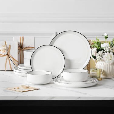 MALACASA, Luna Series, 12-Piece White Porcelain Dinnerware Set – Combination Set, including 4 Dinner Plates, 4 Dessert Plates, and 4 Cereal Bowls for 4 people