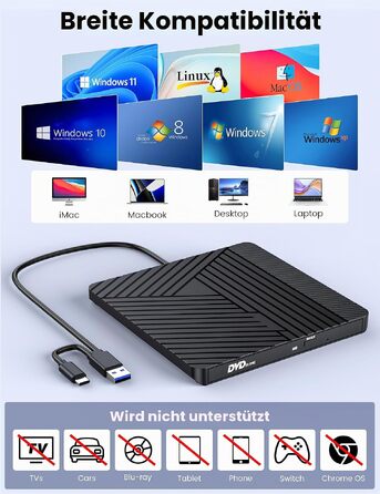 Зовнішній CD/DVD привід MOSWAG USB 3.0 та Type-C, оптичний багатофункціональний накопичувач +/-RW для PC, Mac, MacBook Pro, Linux, Win 11/10, чорний