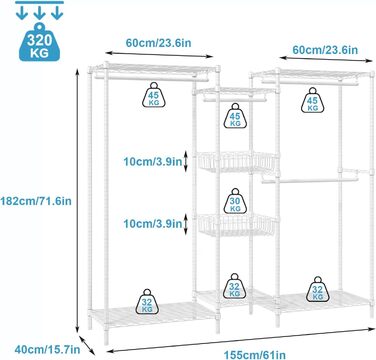 Heavy-Duty Clothes Rack, Clothes Rod, Wardrobe, Freestanding Clothes Rail with Height-Adjustable Shelves and Storage Baskets, Load Capacity up to 320 kg, White