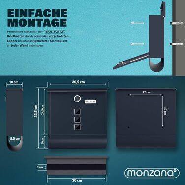 Поштовий ящик Monzana Kreuzschloss з мідним циліндром, сталевий, чорно-срібний (антрацит) 31x10x34 см, з вікном для газет та іменним шильдиком, 2 ключі