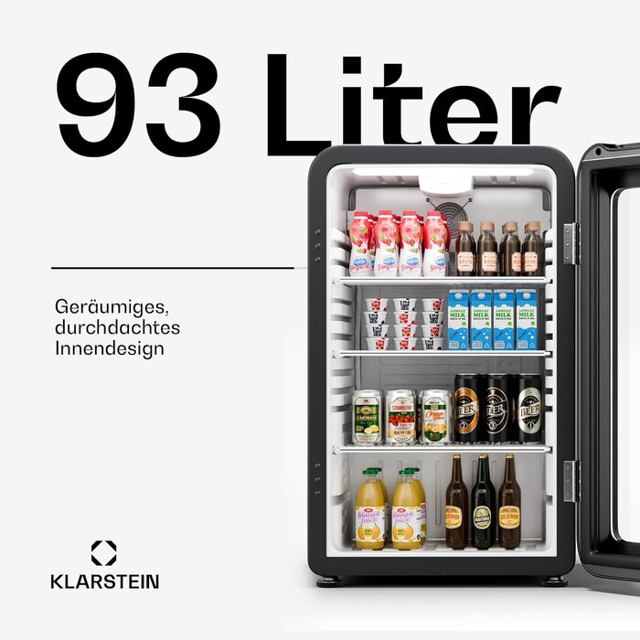 Klarstein Audrey Evo: Холодильник для напоїв 68л, Ретро-дизайн, LED-підсвічування, подвійне скло, 0-10°C, Клас енергоефективності C, регульовані ніжки, чорний