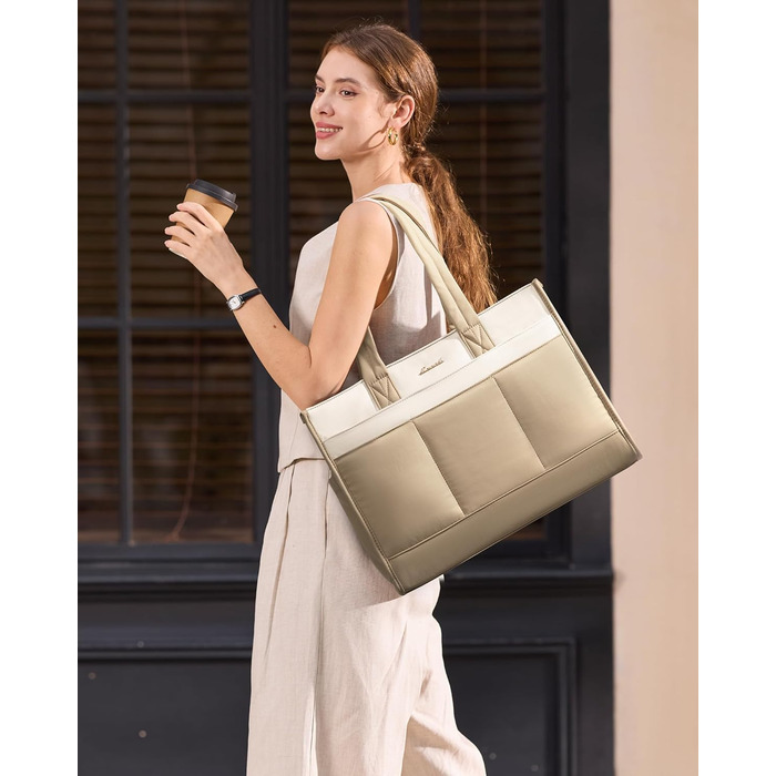 Сумка жіноча LOVEVOOK Shopper бежево-хакі, 15.6 дюймів: для ноутбука, роботи, університету, школи. 14 відділень, тримач для пляшки