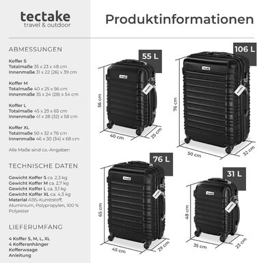Набір валіз Tectake® 4 шт. з ABS-пластику, S-M-L-XL, з роликами, телескопічним ручками та замками, з ваговою та аксесуарами для валіз