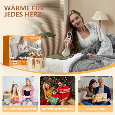 Електрична ковдра JUMMICO Kuschel-Heizdecke 180x130 см, тепла та м'яка - 6 режимів нагріву, таймер 12 годин, пральна, для дивана, ліжка, офісу, сіра