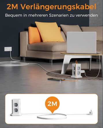 Блок розеток TESSAN з захистом від перенапруги, 3600W, 16A, 8 розеток, 3 USB-C, 2M, сірий